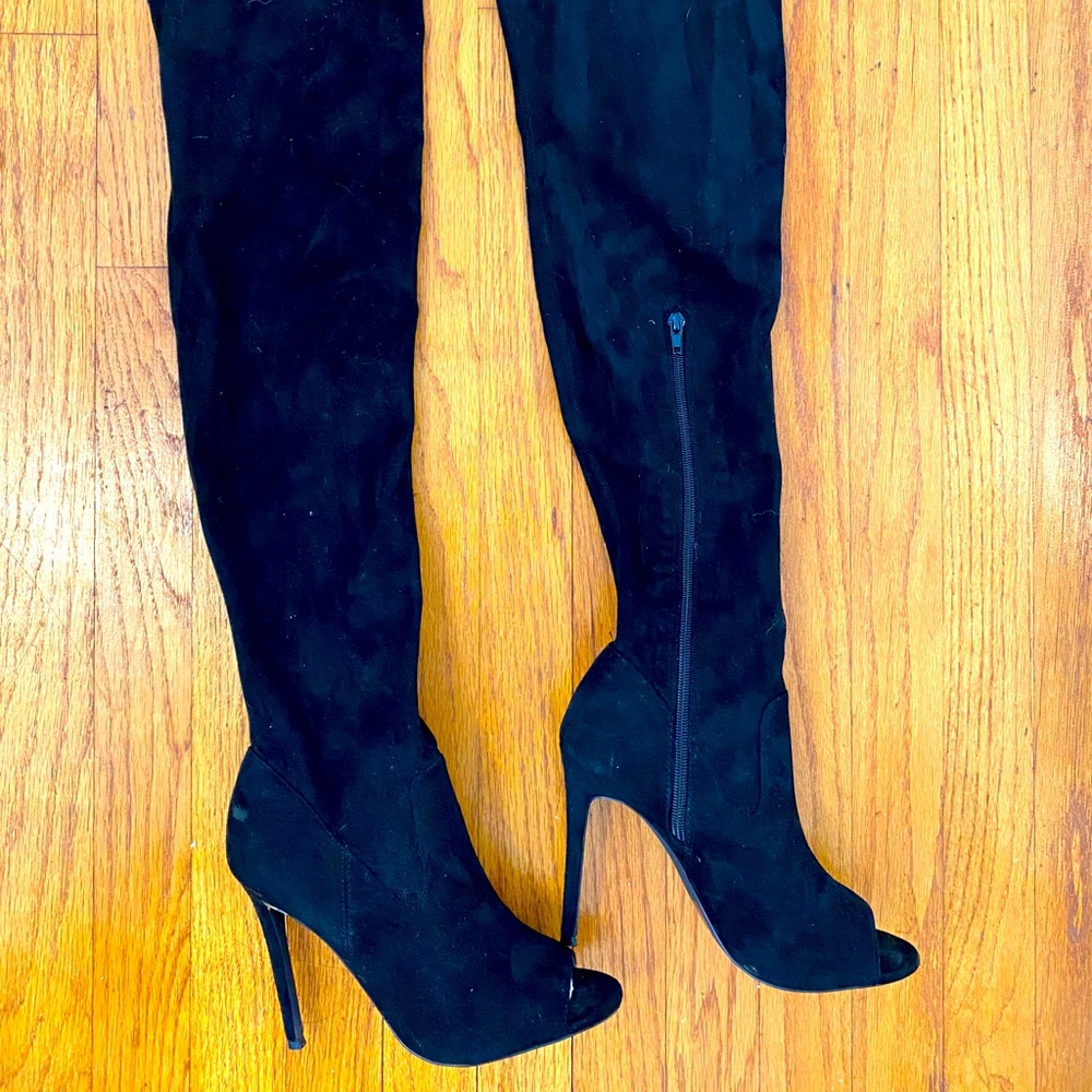 Thigh high peep toe boots
